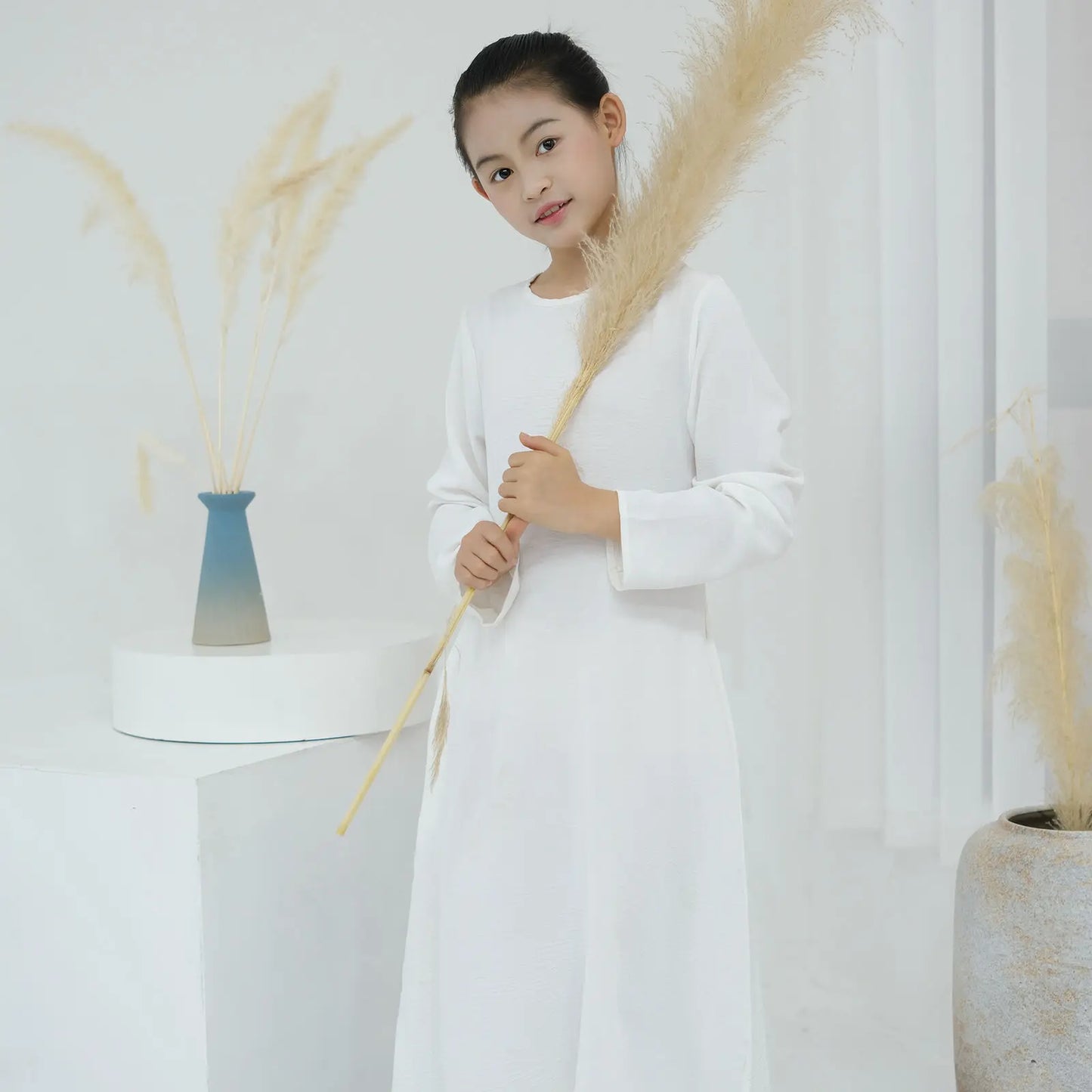 Children Long Sleeves Plain Color Dress Round Neck Clothing Modest