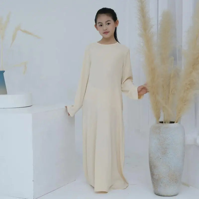 Children Long Sleeves Plain Color Dress Round Neck Clothing Modest