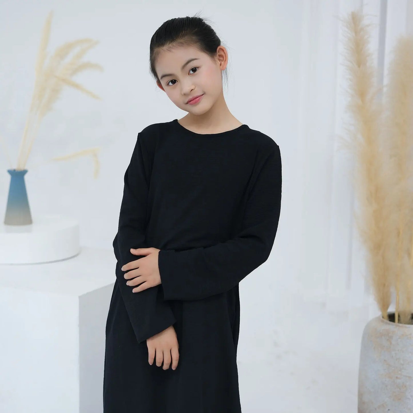 Children Long Sleeves Plain Color Dress Round Neck Clothing Modest