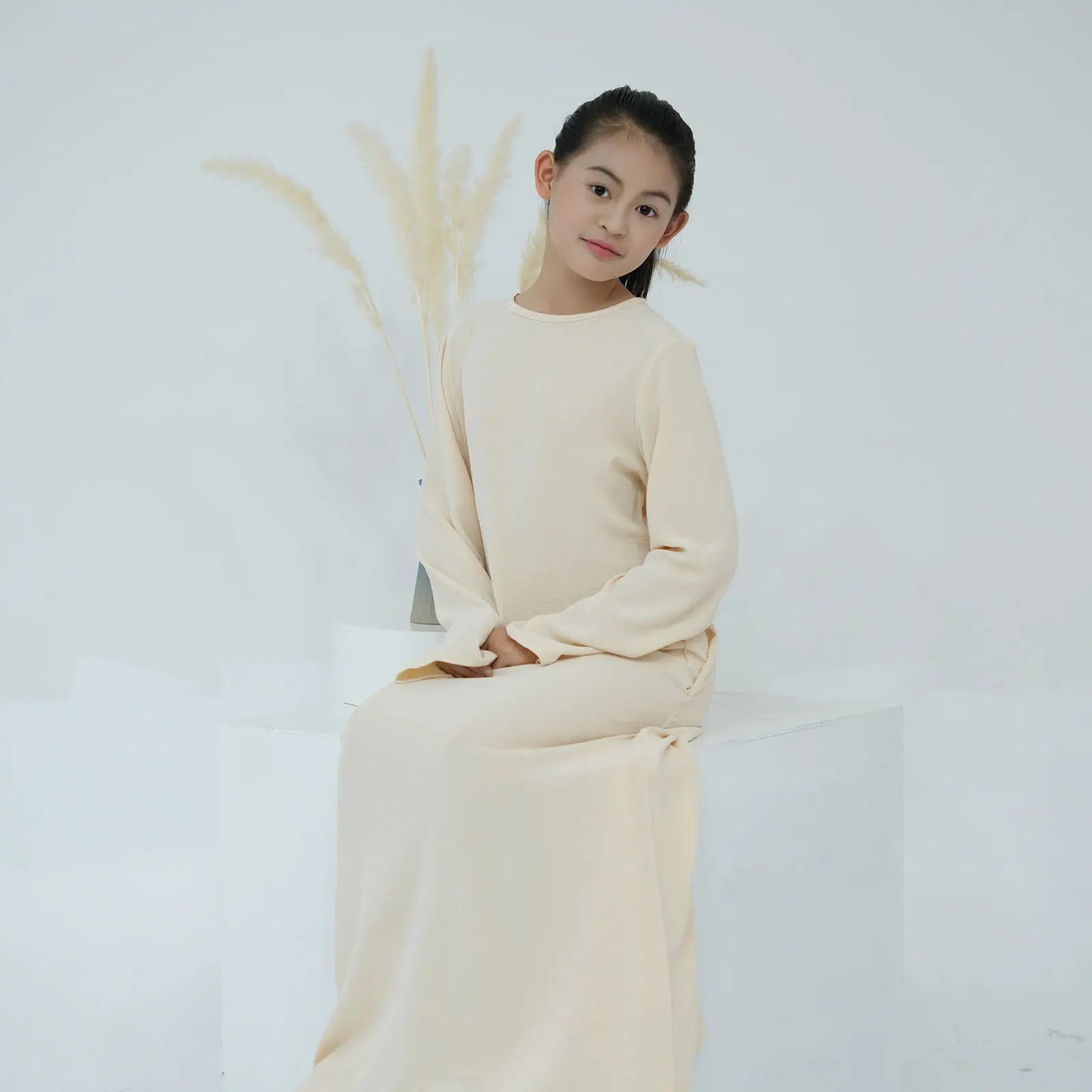Children Long Sleeves Plain Color Dress Round Neck Clothing Modest