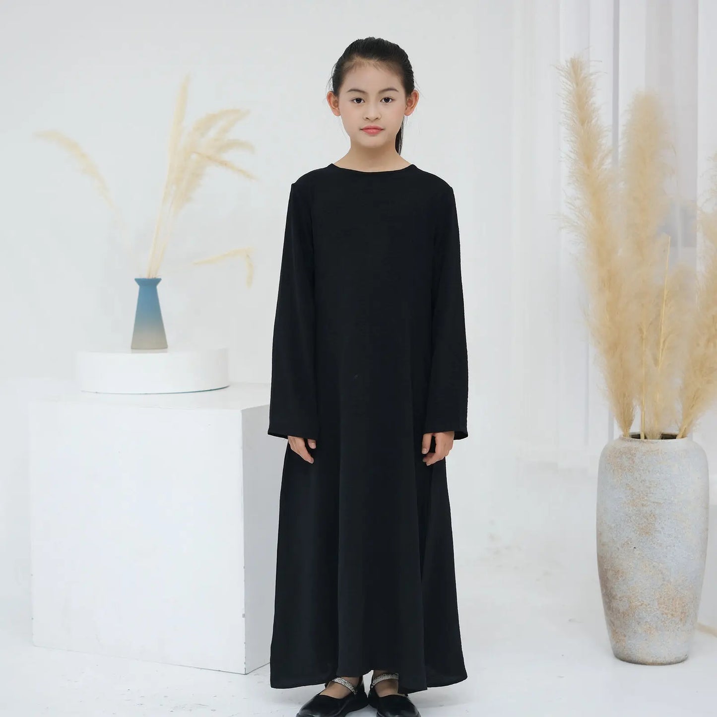 Children Long Sleeves Plain Color Dress Round Neck Clothing Modest