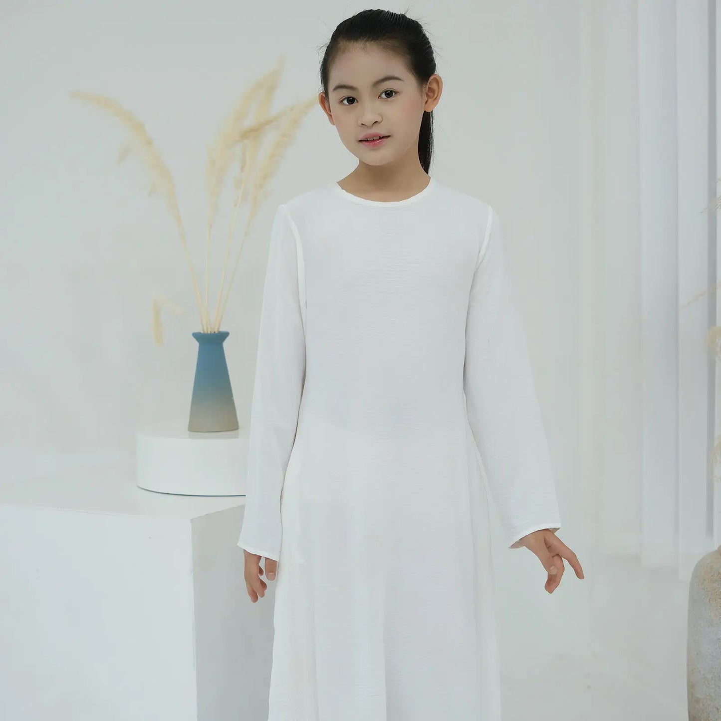 Children Long Sleeves Plain Color Dress Round Neck Clothing Modest