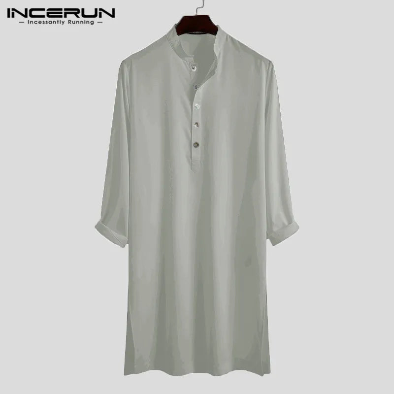 Men Modest Shirt Stand Collar Long Sleeve  Solid Color Casual Long Shirts Men Clothing